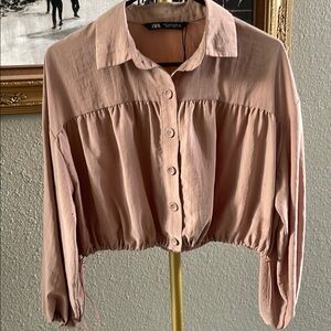 Zara Pink Cropped Button Down Shirt with Notched Collar